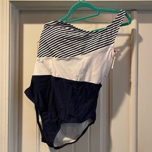 Kona Sol Women's Swimsuit Large One Shoulder Navy White Striped One Piece